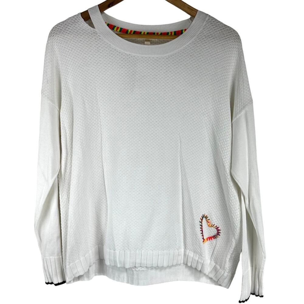 Lisa Todd NWT Lover Embroidered Rainbow Heart Sweater in White Size XL Ribbed